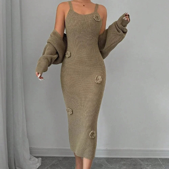 Coffee Brown Casual Women's Floral Camisole Sweater Dress And Cardigan Set - Picture 5 of 6